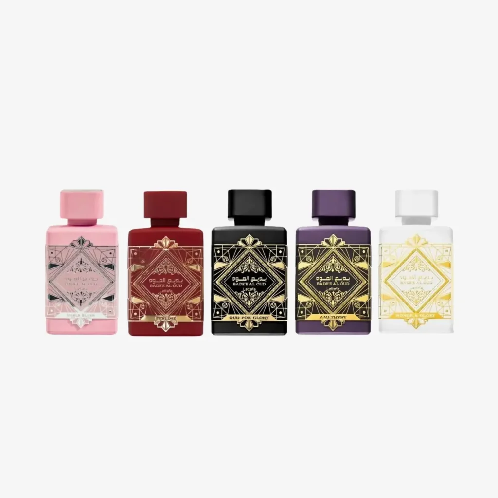 Badee Al Oud perfume variants by Lattafa including Oud for Glory, Amethyst, and Sublime bottles
