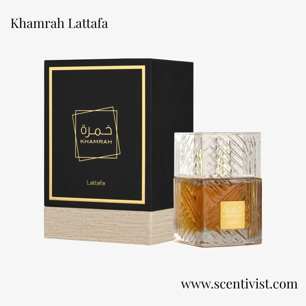 Close-up of Khamrah Lattafa perfume showing its luxurious bottle design