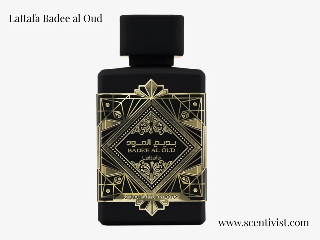 Badee Al Oud by Lattafa perfume bottle with dark luxury packaging