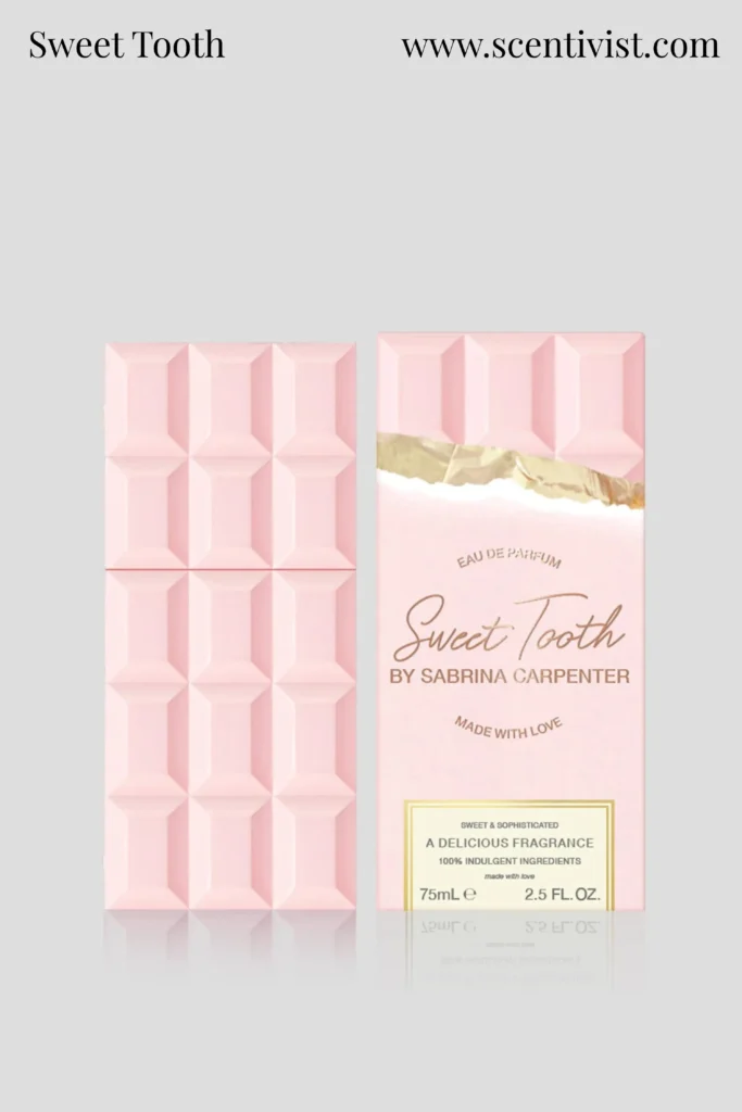 Sabrina Carpenter Sweet Tooth perfume styled with pastel accessories and soft lighting.