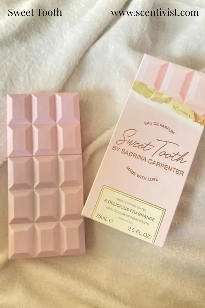 Packaging of Sabrina Carpenter Sweet Tooth perfume featuring candy-themed design and branding.