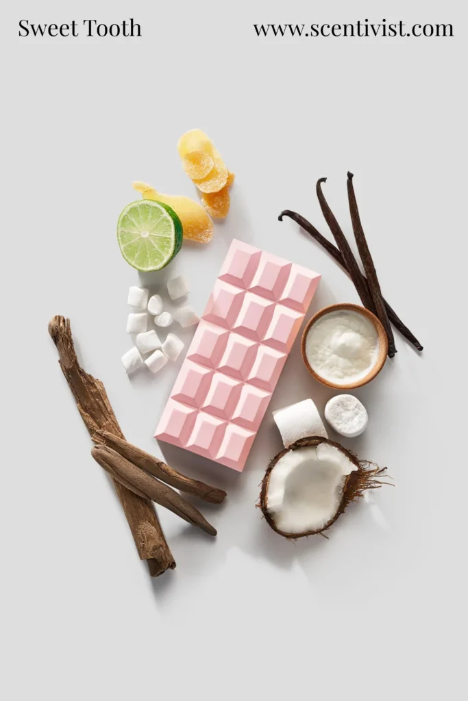 Sabrina Carpenter Sweet Tooth perfume placed on a vanity surrounded by candies and desserts.