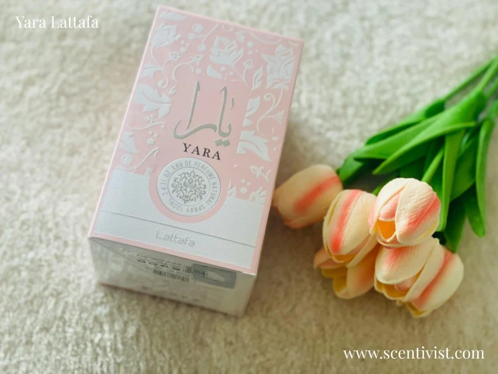 Yara Lattafa perfume bottle with a soft pastel design placed on a clean surface