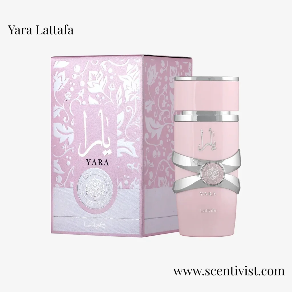 Yara Lattafa perfume bottle with a soft pink design, known for its creamy vanilla and floral scent.