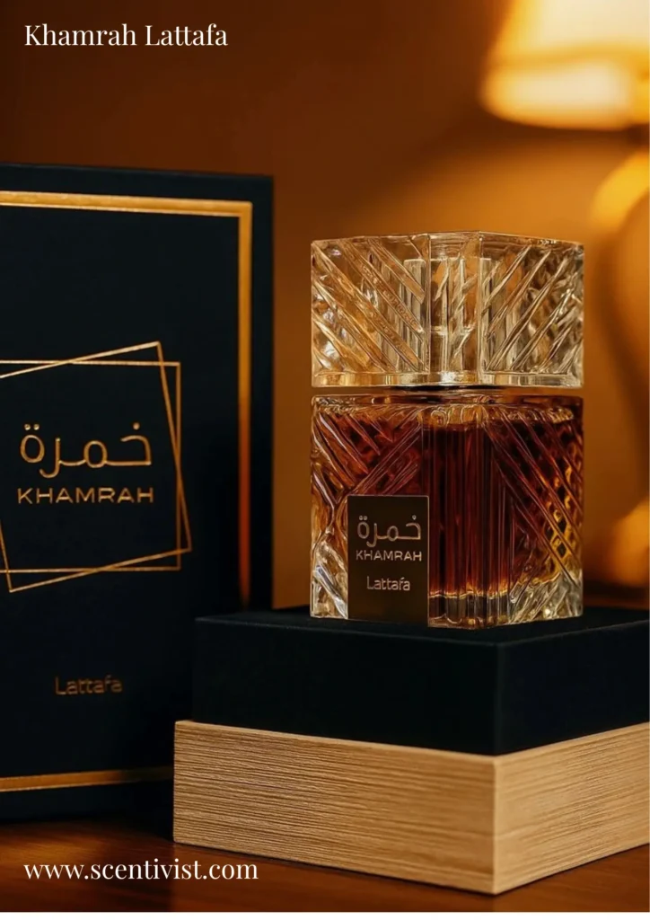 Khamrah Lattafa Perfume bottle close-up showcasing its luxurious design and warm gourmand scent profile – scentivist
