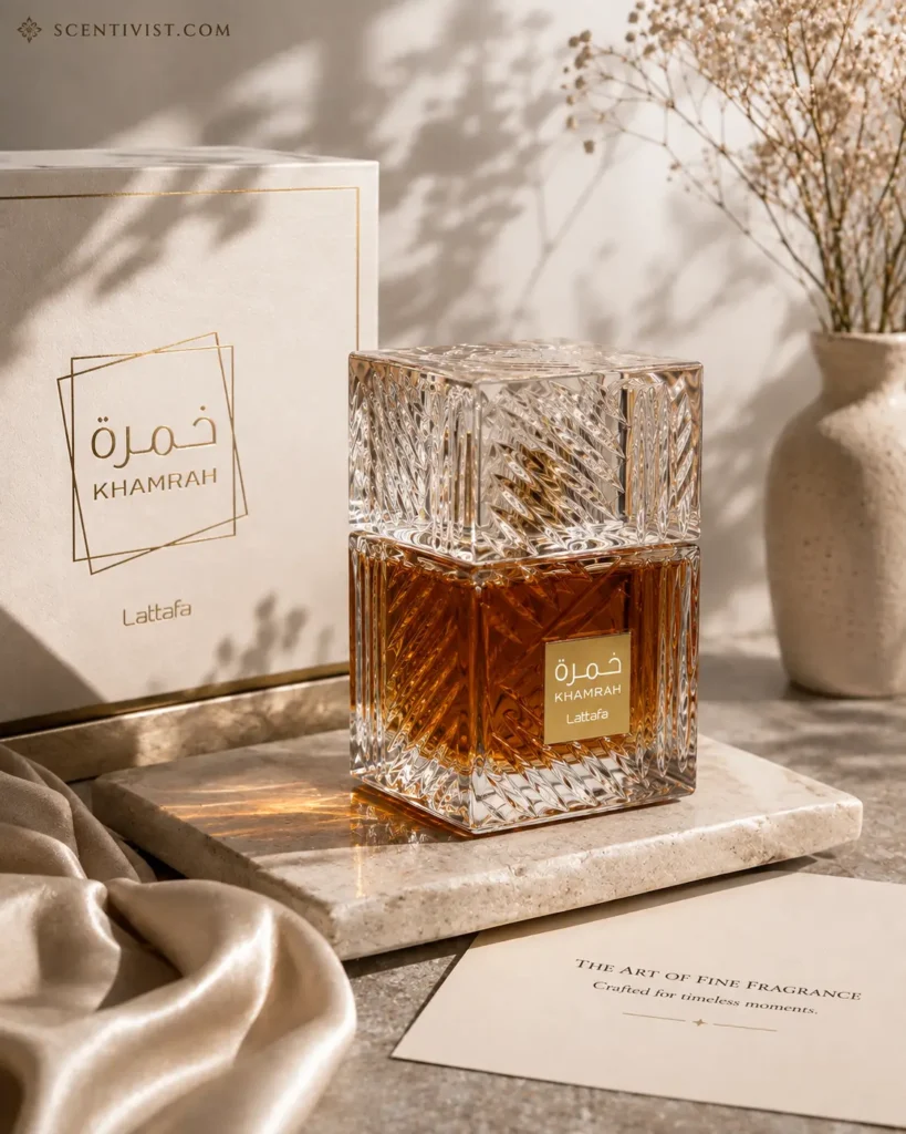 Lattafa Khamrah perfume bottle and box on marble