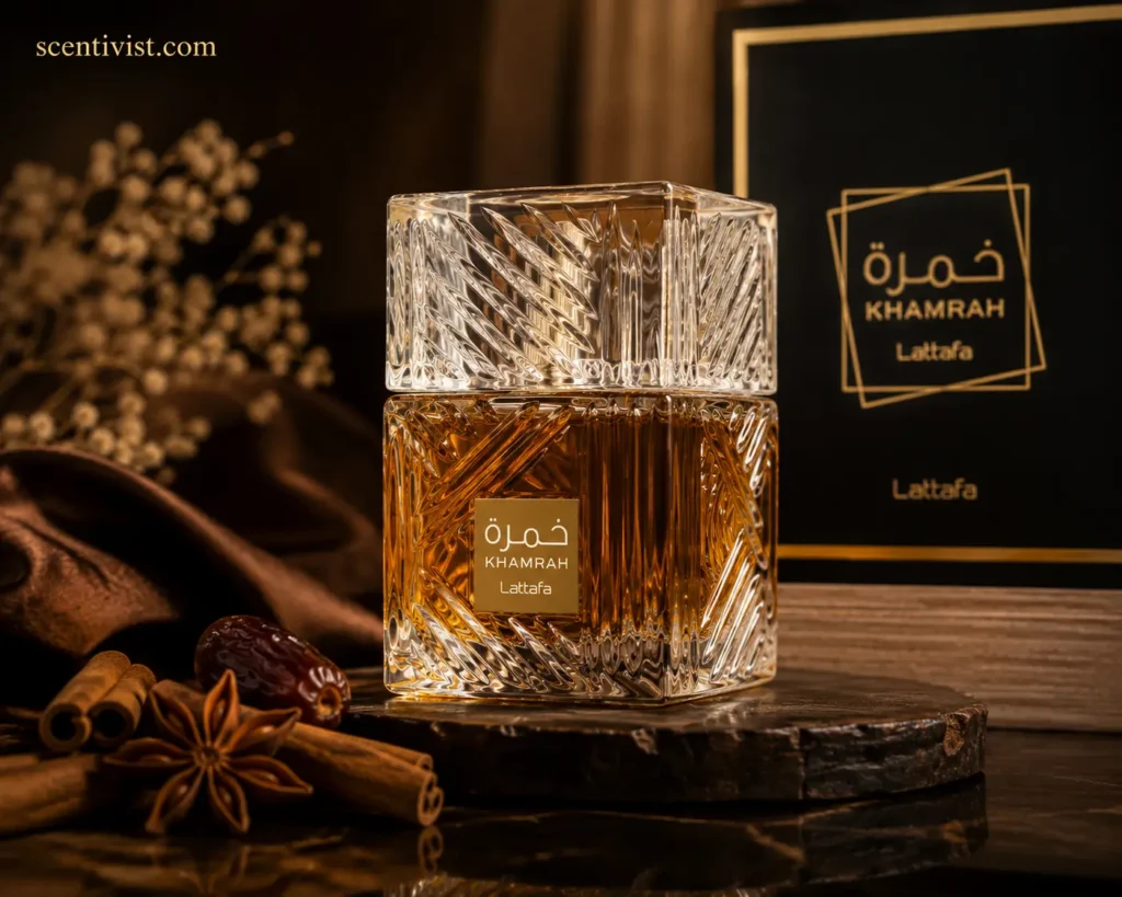 Lattafa Khamrah Eau de Parfum 100ml crystal bottle with gold label and Arabic text, displayed on dark stone with cinnamon sticks, dates, cardamom and ornate lantern – luxury Middle Eastern fragrance