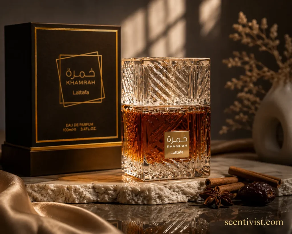 Khamrah Lattafa Eau de Parfum 100ml square crystal bottle filled with amber liquid, black gold packaging box beside it on white marble with cinnamon, star anise and dates – premium Arabian perfume