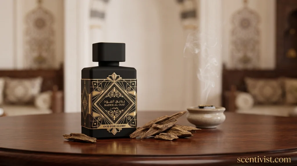 Lattafa Badee Al Oud Oud for Glory perfume displayed on a round wooden table