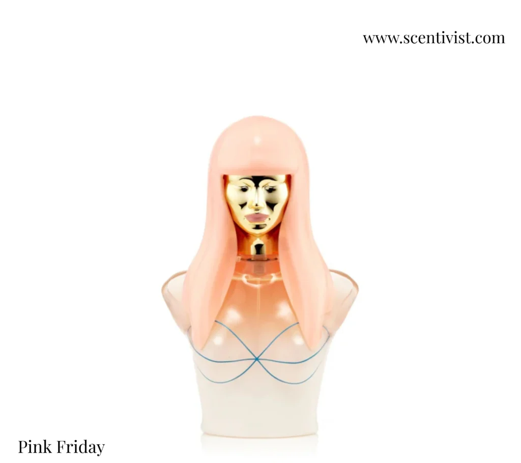 Nicki Minaj perfume bottle on white background with pink liquid and silver cap