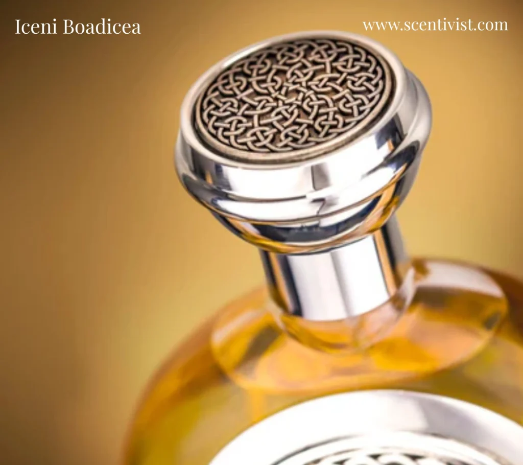 Close-up angled view of Iceni Boadicea perfume bottle highlighting silver crest detail
