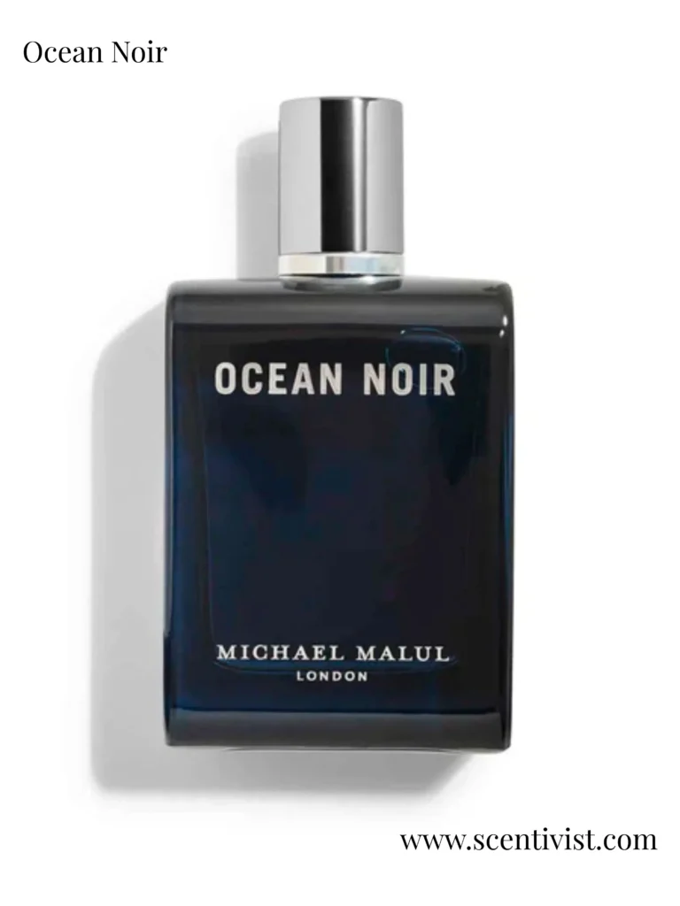 Ocean Noir perfume bottle close-up with dark blue glass and sleek silver cap