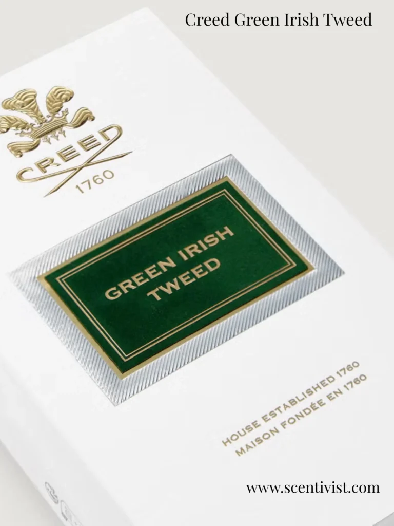 Creed Green Irish Tweed bottle with its packaging box, showcasing premium craftsmanship.