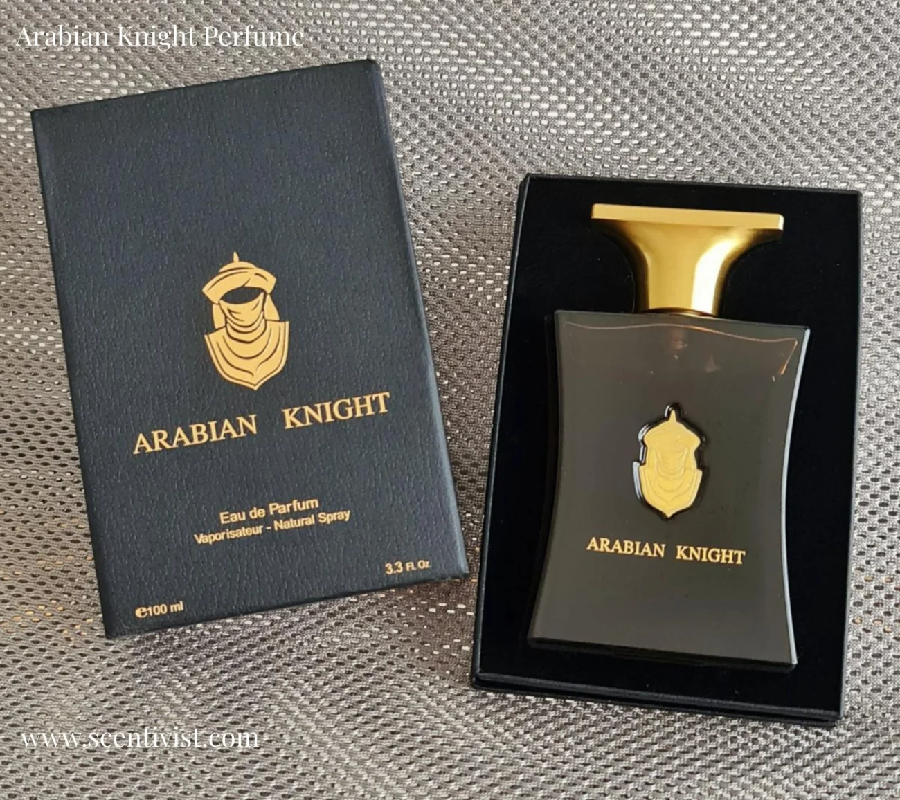 Arabian Knight perfume bottle displayed with its elegant packaging box, featuring a luxurious dark design that reflects the rich and mysterious character of the fragrance.