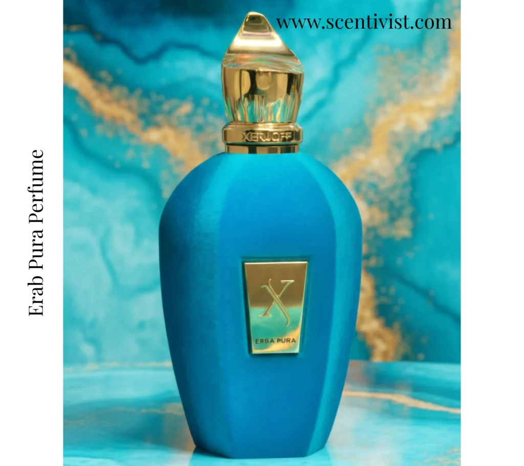 Erab Pura Perfume bottle displayed against a vibrant blue background, emphasizing its luxurious design and elegance.