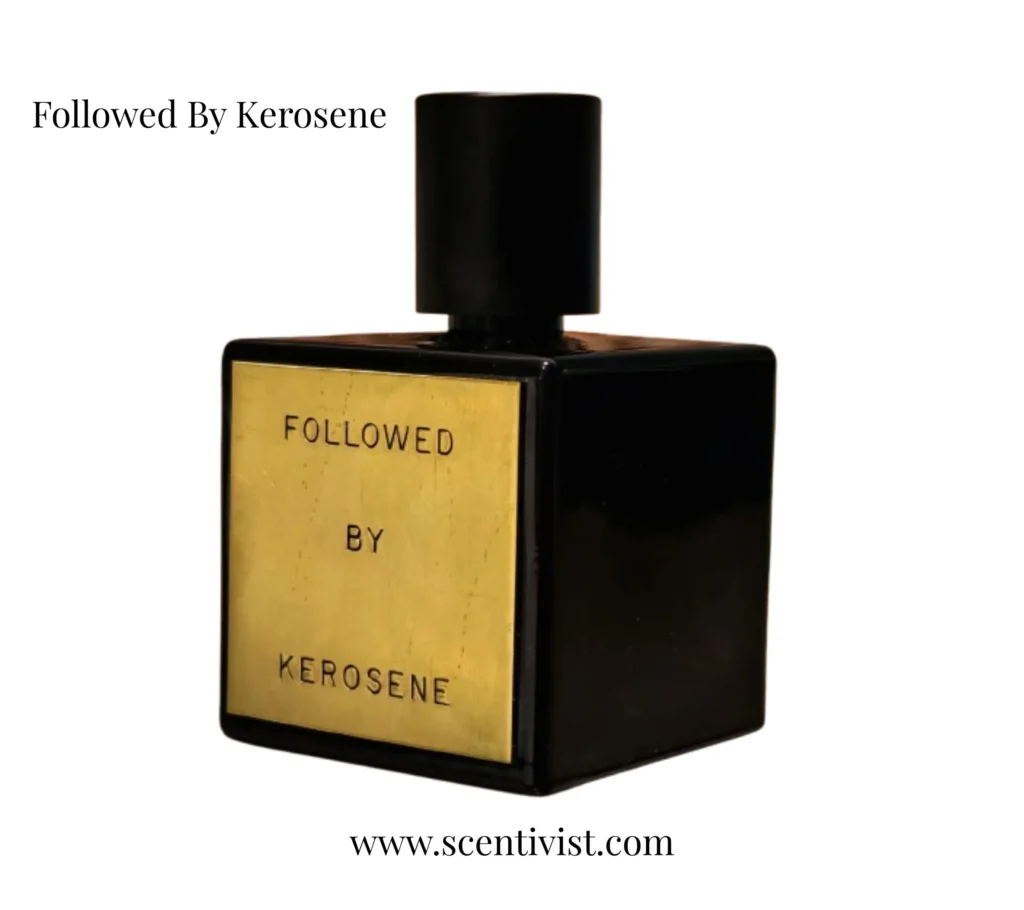 Followed By Kerosene perfume bottle with black matte finish and golden label on a white background