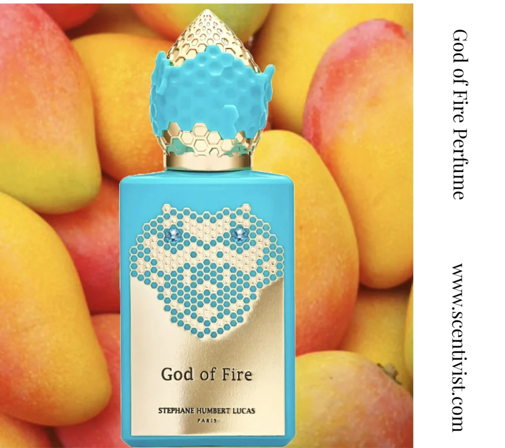 God of Fire perfume bottle close-up showing the detailed blue emblem on the white bottle.