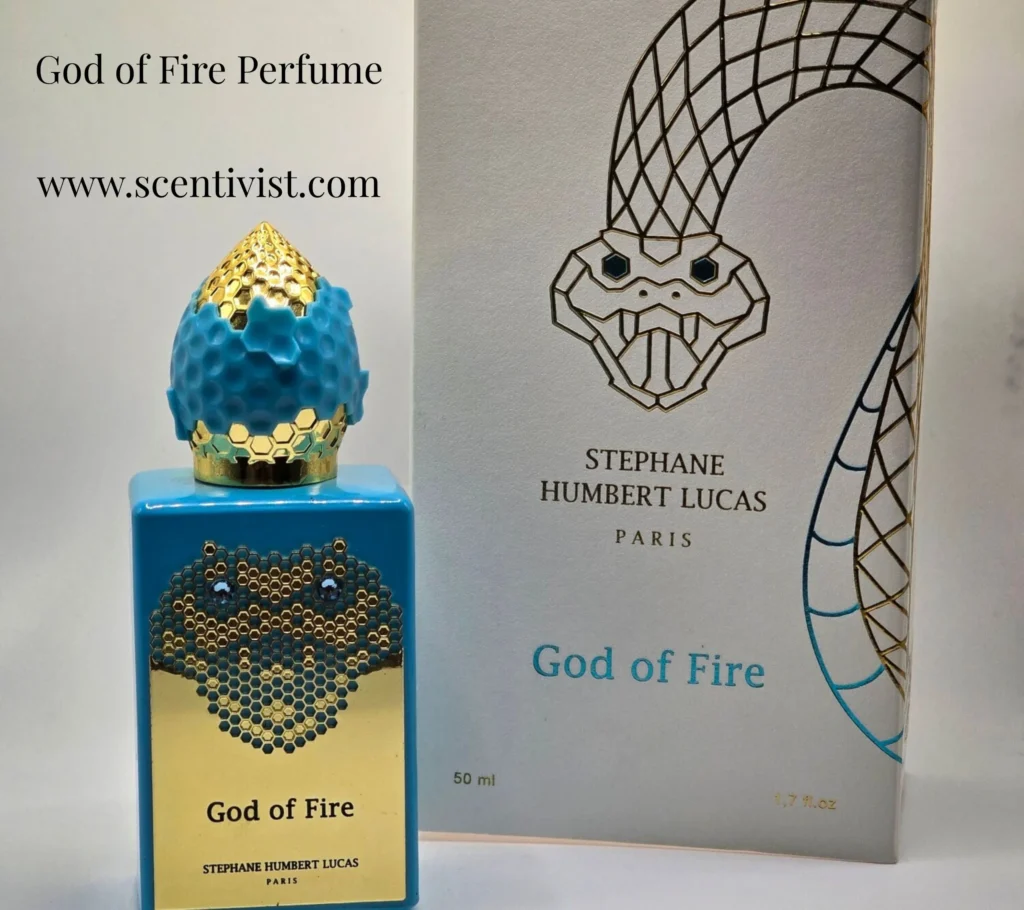 God of Fire perfume bottle with its packaging box in a stylish luxury presentation.