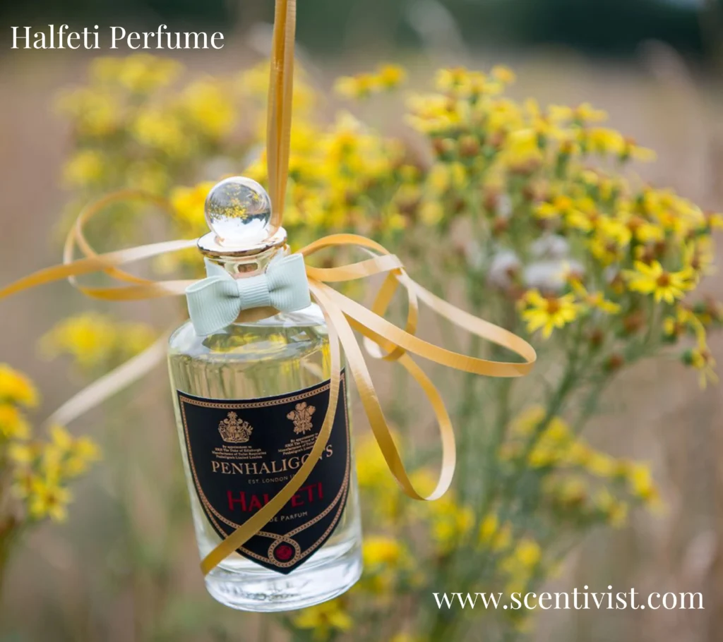 Close-up of Penhaligon's Halfeti fragrance bottle and label
