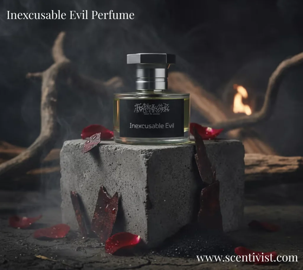 Inexcusable Evil perfume bottle placed on a stone surface surrounded by red petals, creating a dramatic and luxurious display.