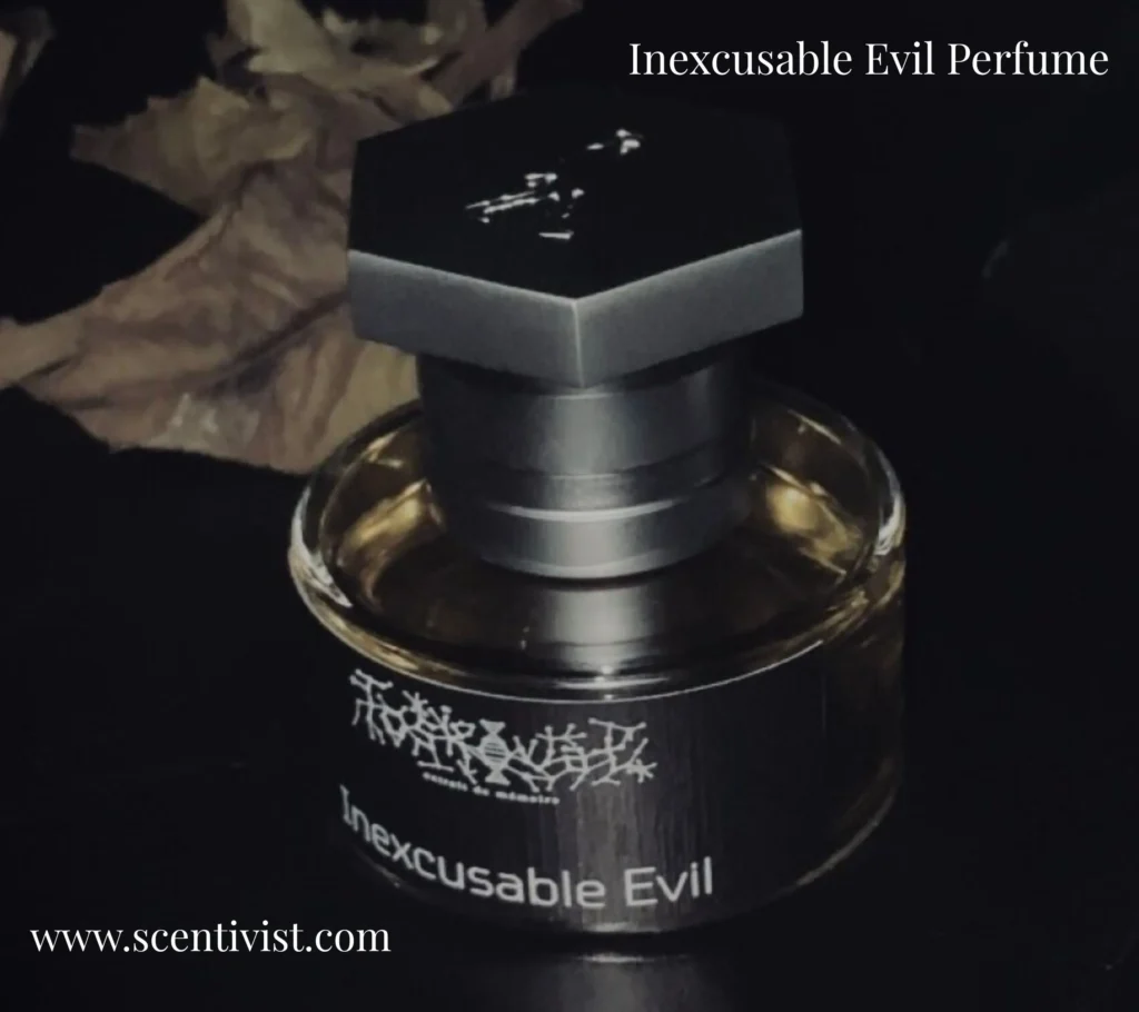 Inexcusable Evil perfume bottle displayed against a black and dark background with dramatic lighting highlighting its bold and mysterious design.