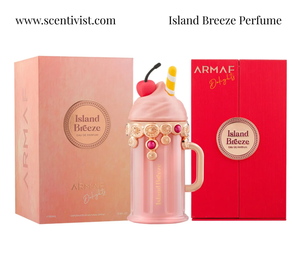 Island Breeze perfume bottle displayed alongside its decorative box packaging by Armaf.