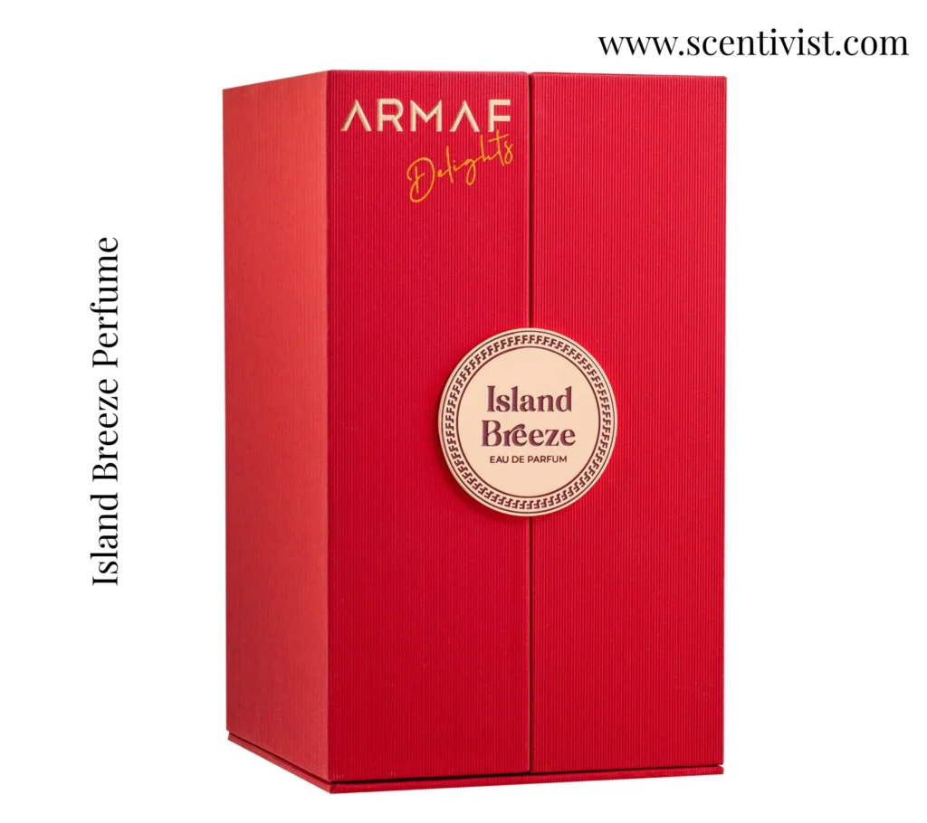 sland Breeze perfume box packaging featuring a vibrant tropical design with pink tones and decorative luxury details.