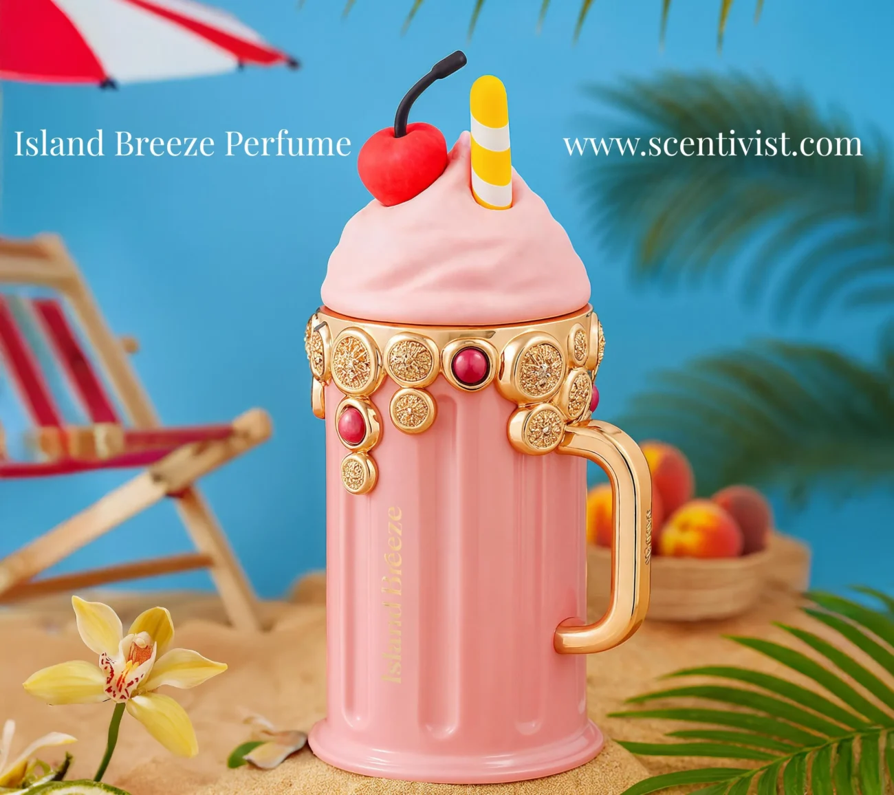 Island Breeze perfume bottle designed like a pink tropical drink mug with whipped-cream style top, cherry garnish, and gold decorative handle, placed on a beach-themed background with sand, palm leaves, and a lounge chair.