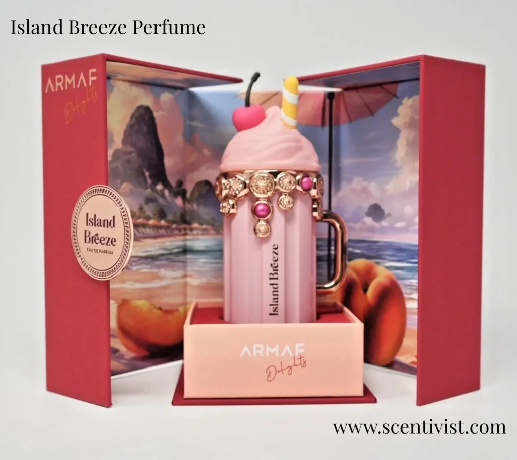 Island Breeze perfume bottle displayed inside its open red box packaging with tropical beach artwork and Armaf branding.