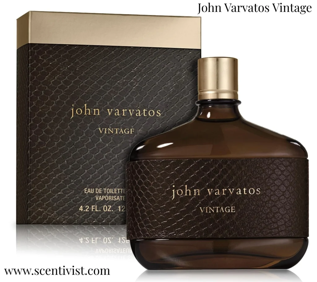 John Varvatos Vintage Eau de Toilette bottle and box with dark brown leather texture and gold cap.