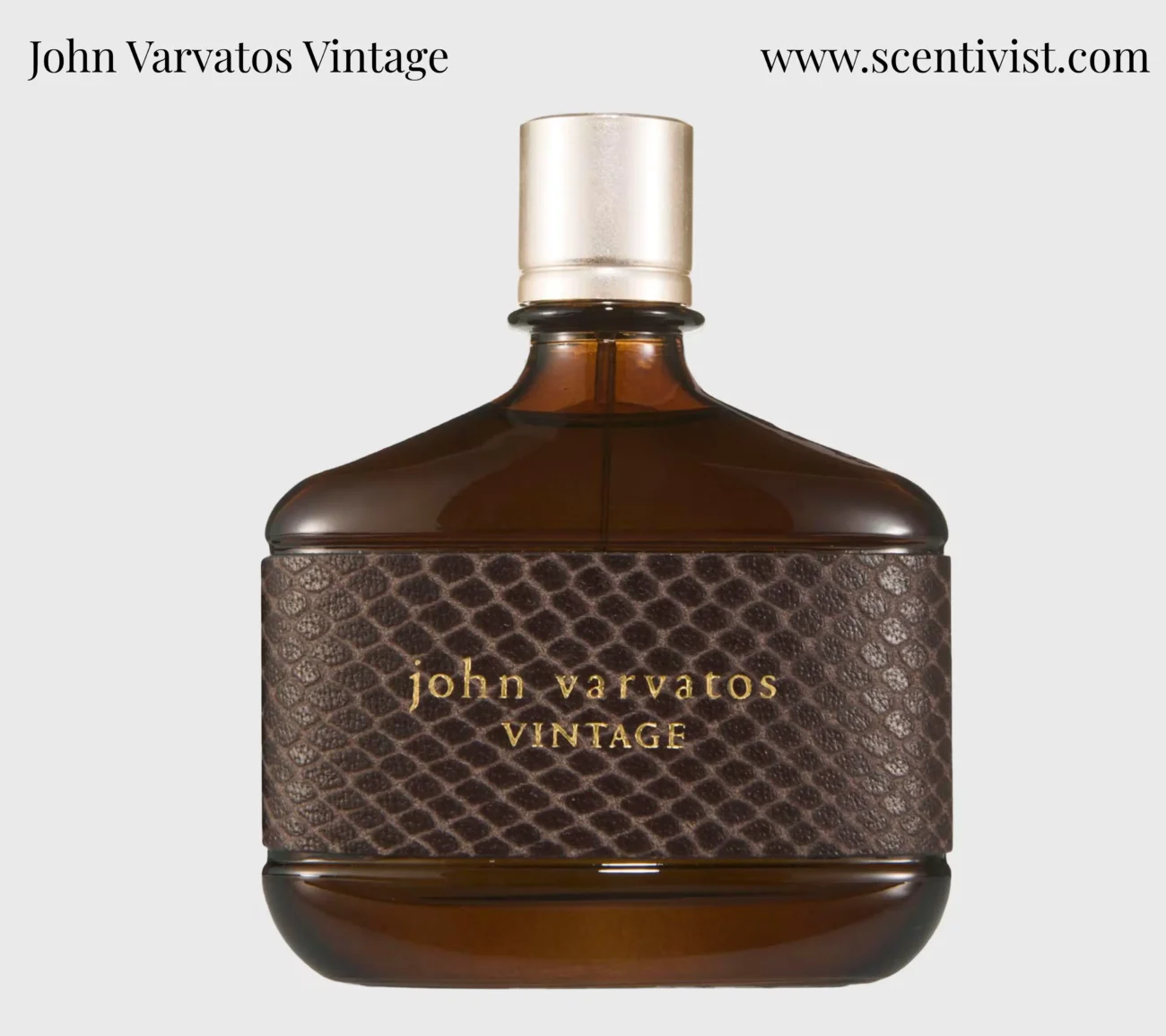 Front view of John Varvatos Cologne Eau de Toilette bottle with brown glass, leather-textured wrap, and gold cap.