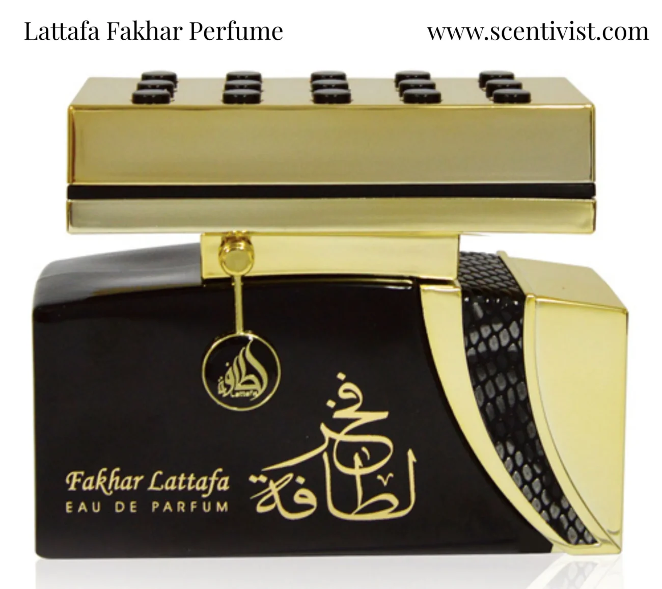 Luxury bottle of Lattafa Fakhar Perfume with elegant black and gold design.
