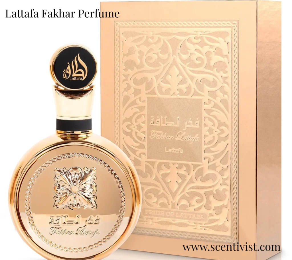 Stylish display of Lattafa Fakhar Gold Perfume bottle