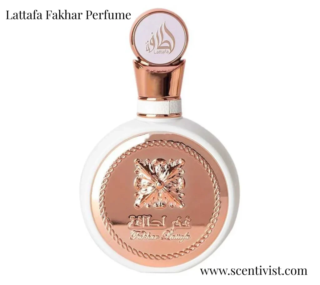 Close-up of Lattafa Fakhar Perfume Rose bottle showing gold detailing.