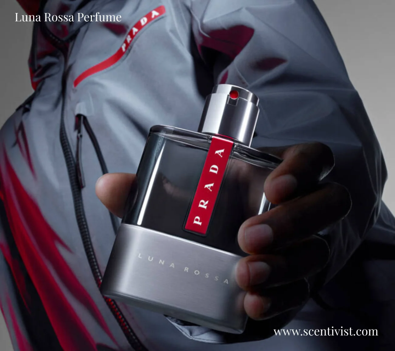 Luna Rossa perfume bottle with sleek metallic design on dark background