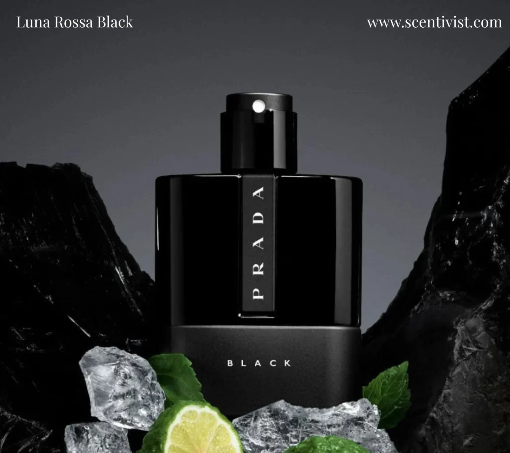 Prada Luna Rossa Black perfume bottle with sleek black design and red Prada stripe