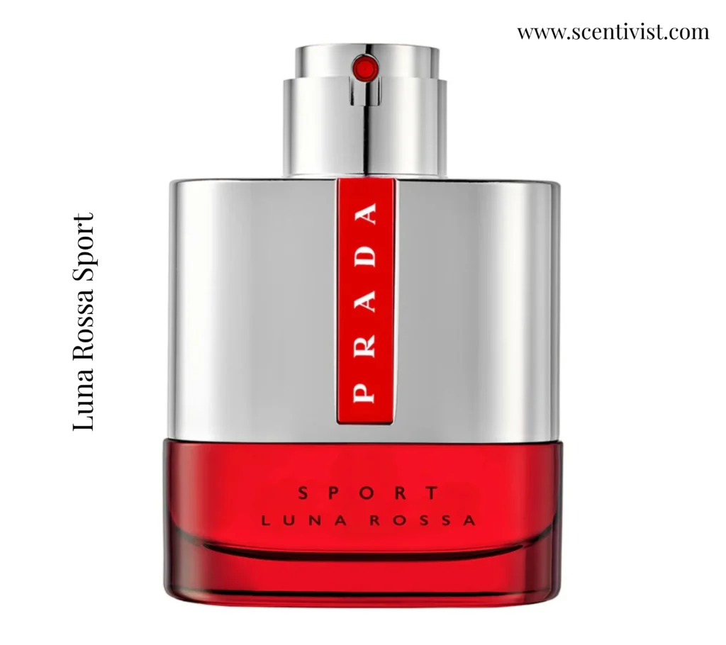 Prada Luna Rossa Sport perfume bottle with sleek metallic silver design and red stripe