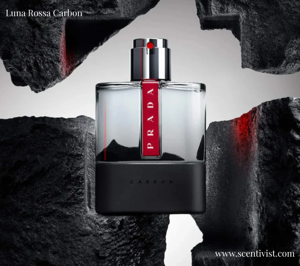 Prada Luna Rossa Carbon perfume bottle stylishly displayed in modern setting