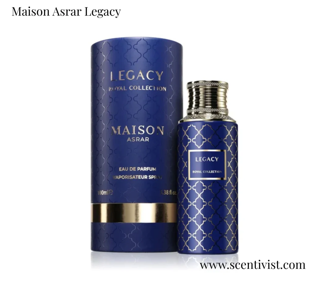 Stylish Maison Asrar Legacy perfume bottle photographed from the front angle.