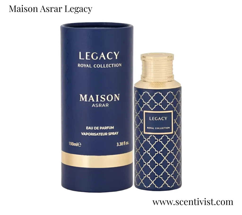 Maison Asrar Legacy perfume bottle with dramatic lighting showcasing the luxury fragrance.