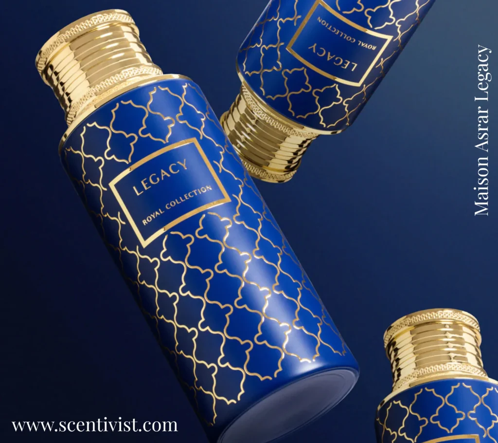 Maison Asrar Legacy fragrance bottle with blue background.