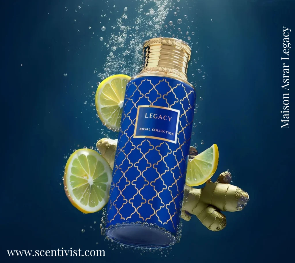 Close-up of Maison Asrar Legacy perfume bottle highlighting the label and cap.
