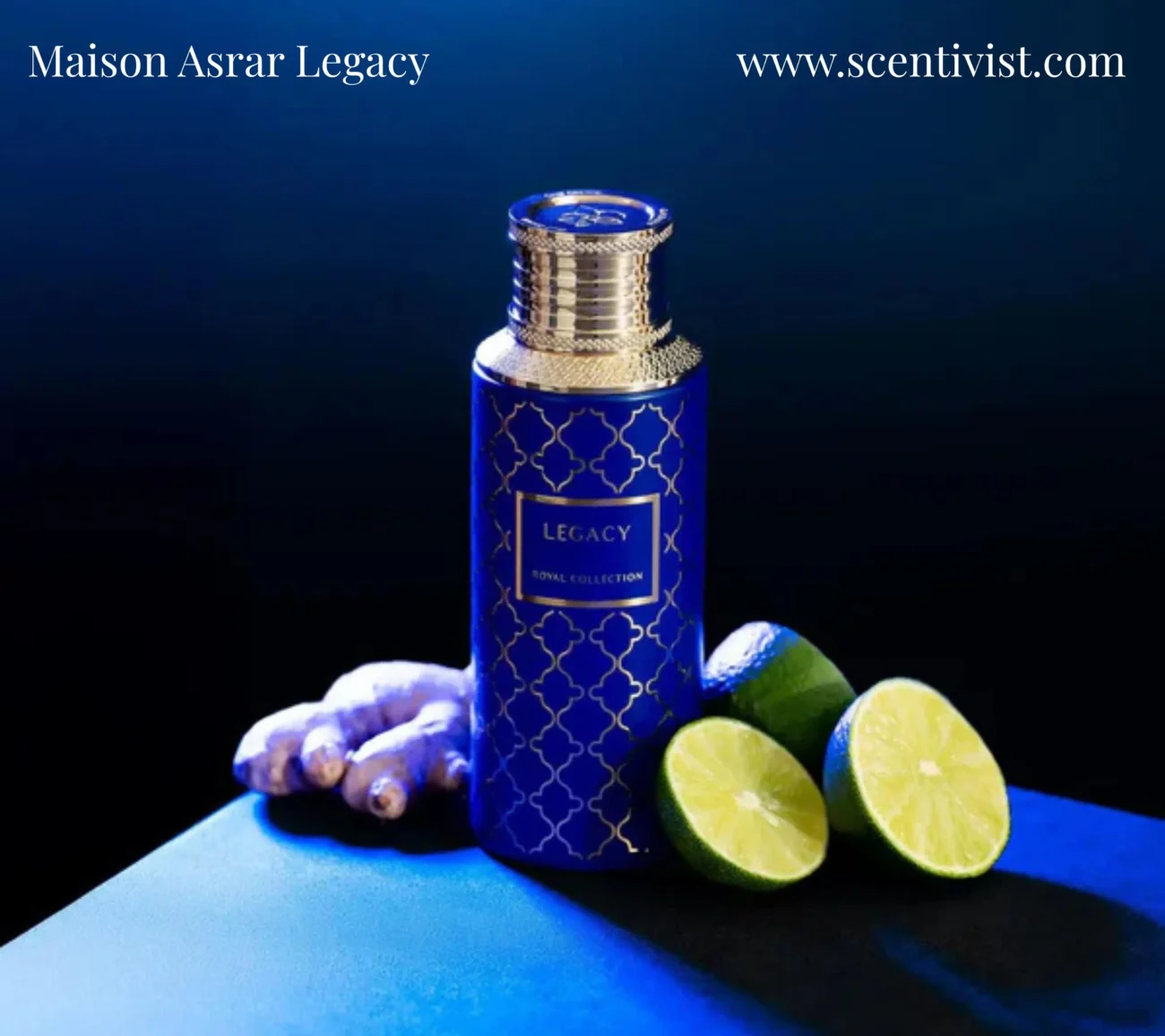 Maison Asrar Legacy perfume bottle placed on a dark background showing its elegant design.
