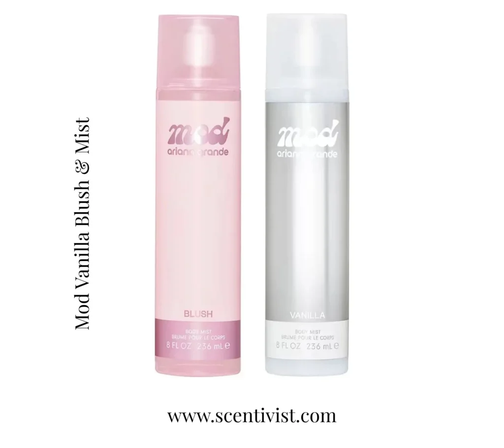Mod Vanilla Body Mist and Mod Blush Body Mist by Ariana Grande displayed side by side in pink and silver bottles on a clean white background.