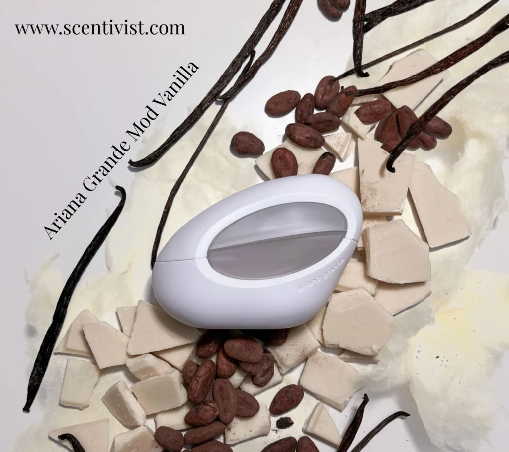 Mod Vanilla Eau de Parfum by Ariana Grande displayed with its key fragrance ingredients including vanilla, plum, and praline.