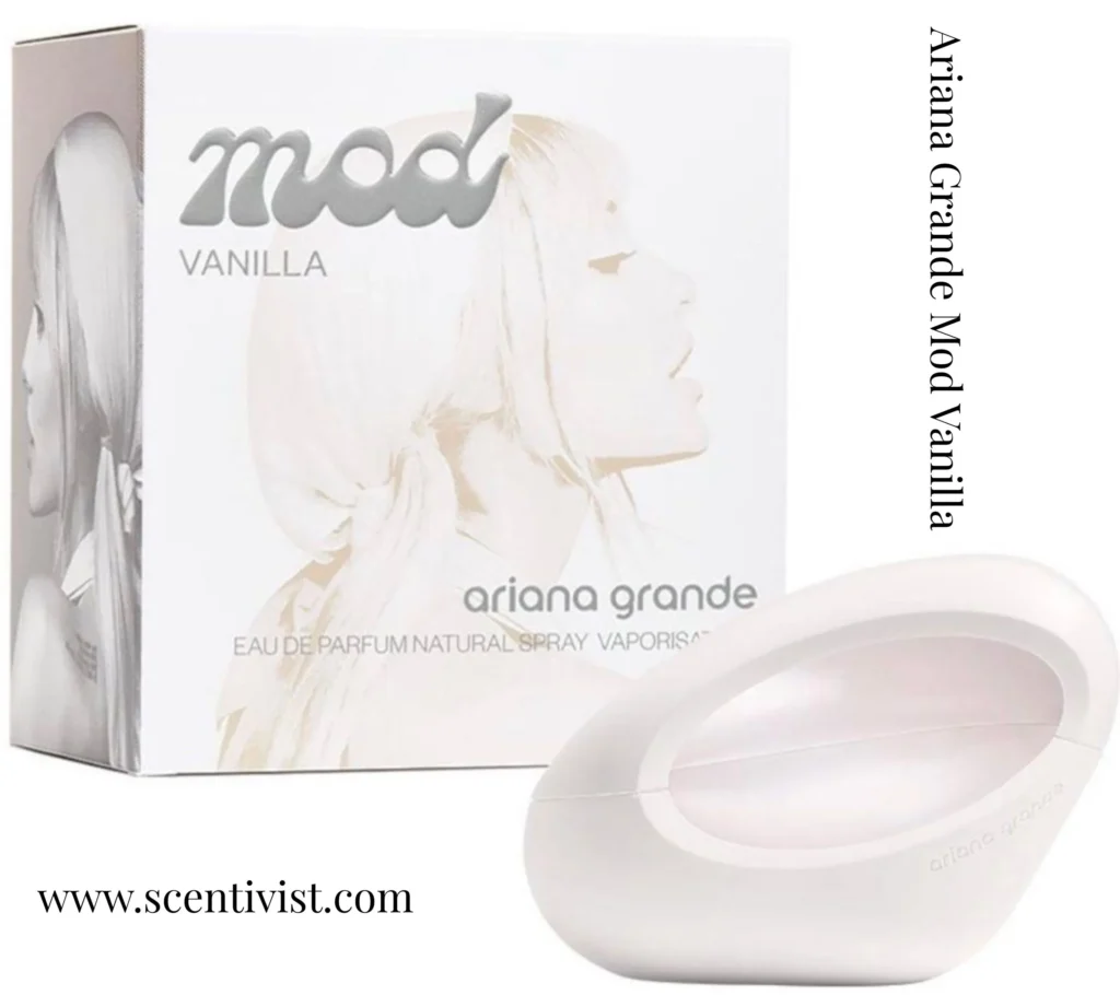 Mod Vanilla Eau de Parfum by Ariana Grande perfume box with the sleek oval bottle displayed on a clean white background.