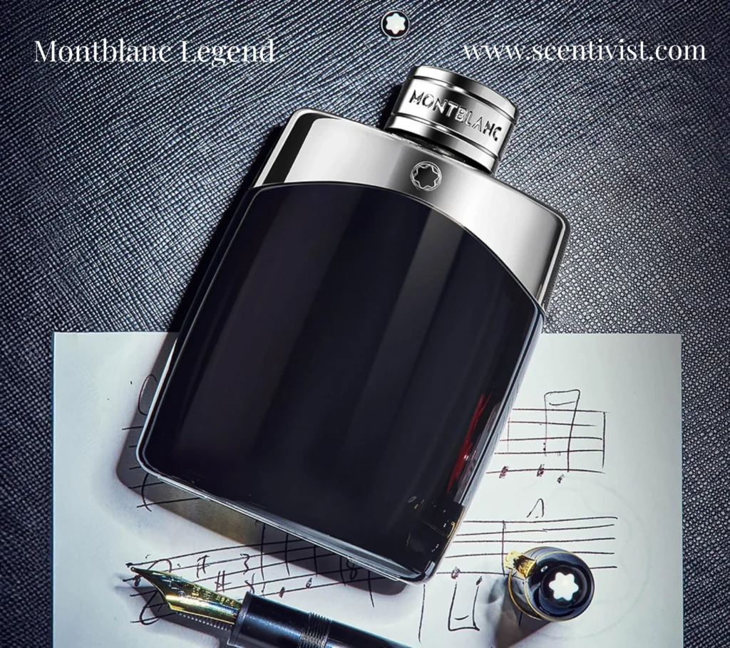 Montblanc Legend fragrance bottle placed on a wooden surface