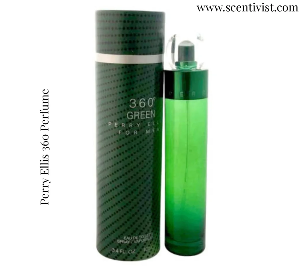 Perry Ellis 360° Green for Men perfume bottle displayed against a fresh green background highlighting its clean and energetic scent style.