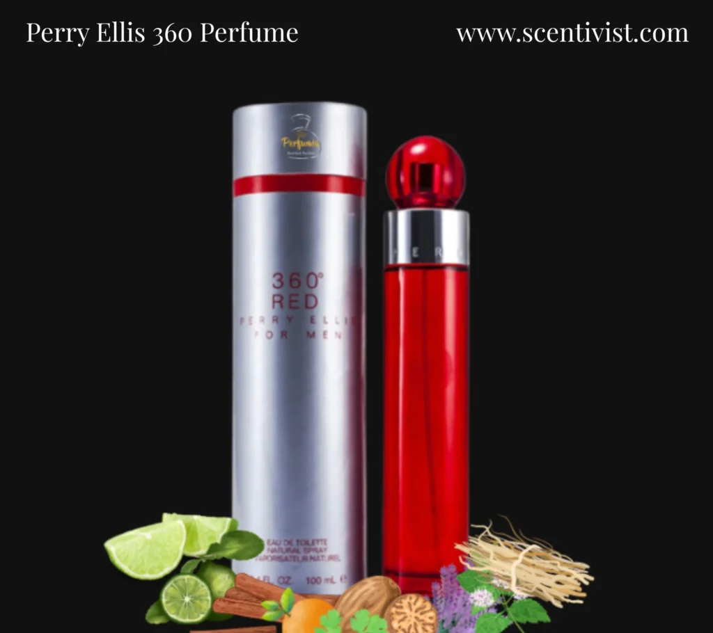 Perry Ellis 360 for Men perfume bottle displayed with cinnamon sticks, nutmeg, bergamot, and citrus fruits representing its spicy-citrus scent notes.