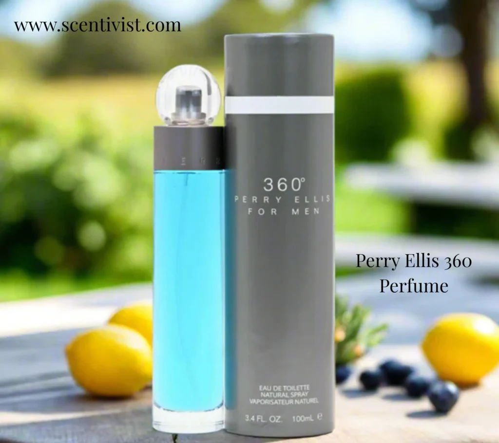 Perry Ellis 360 perfume bottle placed with fresh lemons and greenery background highlighting its citrusy fragrance character.